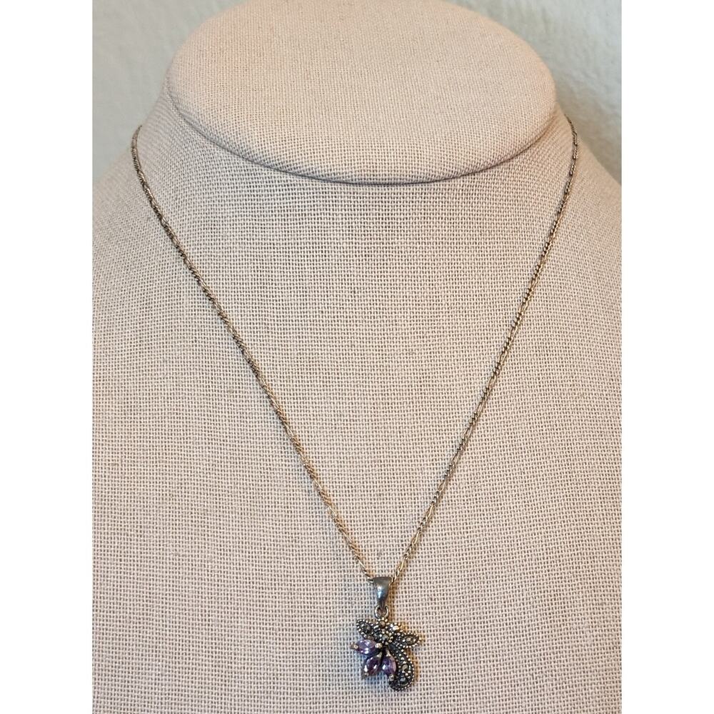 Vtg 925 Marked 'M' Marcasite & Three Purple Marquis Cut Crystal Pendant Necklace